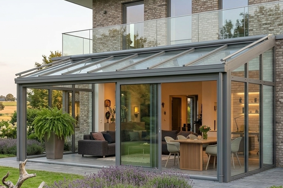Metallbau Lösung mit Wintergarten und Glasdach von MERPAL