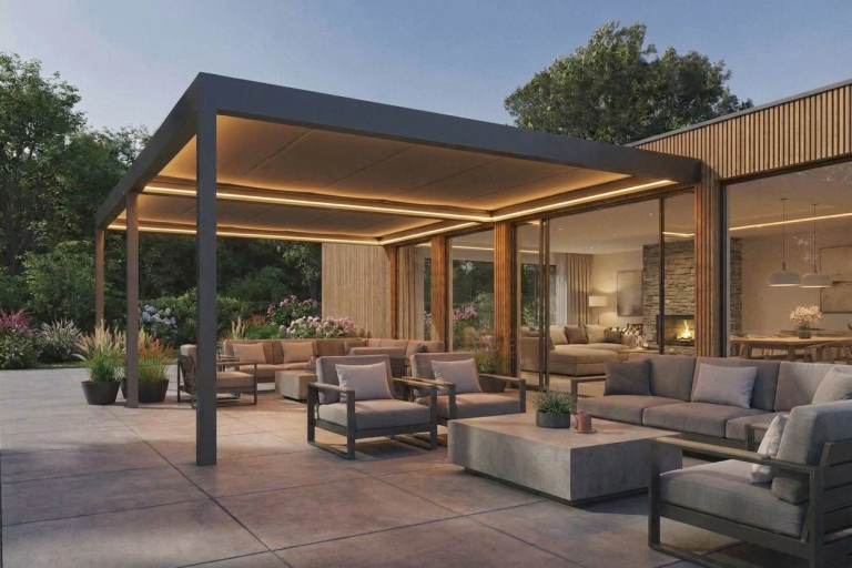 Geschlossene Pergola mit Stoffdach als Terrassenbeschattung