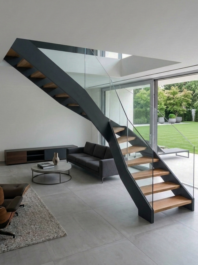 Referenz Innentreppe mit Stahl Holz und Glas im modernen Eingangsbereich
