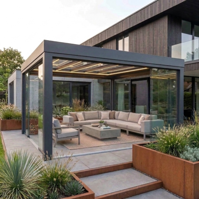 Moderne Terrassenpergola mit Glasdach am Wohnhaus