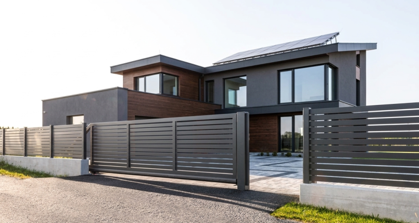 Moderner Aluminiumzaun vor Wohnhaus mit Garten und Einfahrt