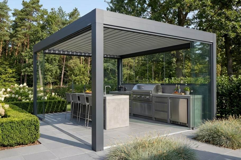 Pergola mit Lamellendach für flexible Beschattung und Wetterschutz