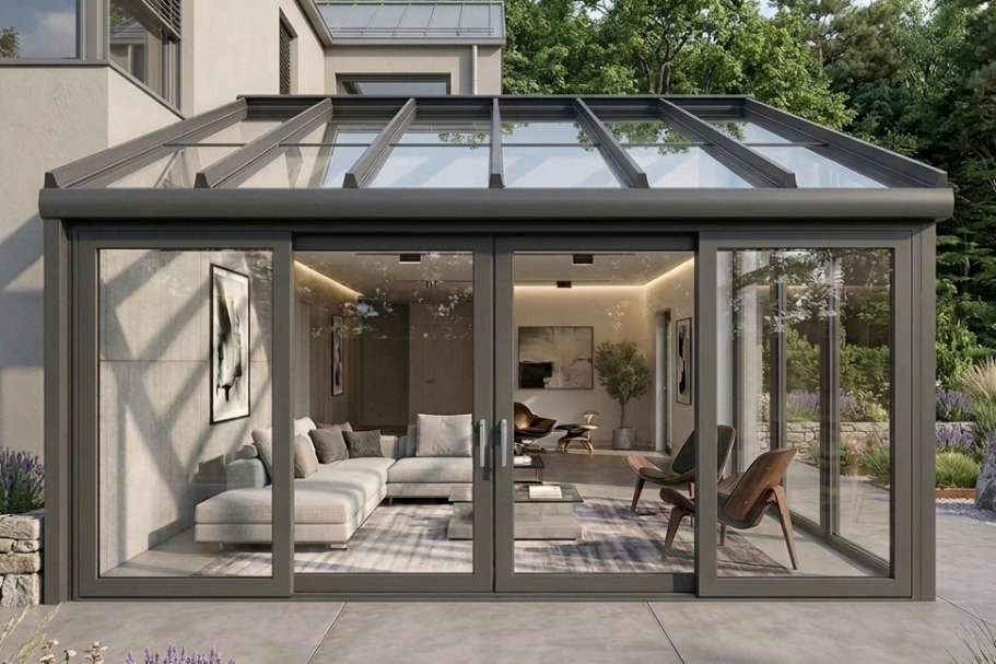 Metallbau Lösungen von MERPAL mit Wintergarten Treppe und Glasfassade