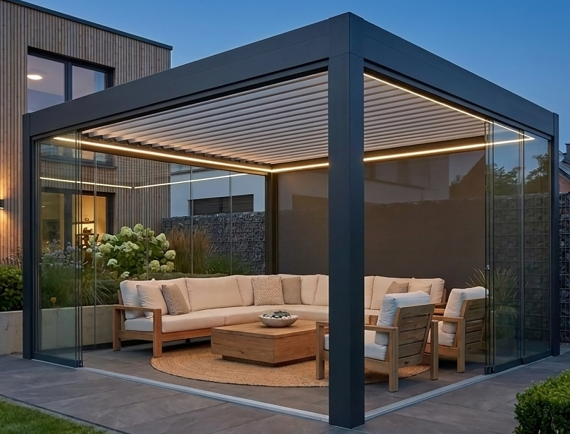 Dunkle Lamellendach-Pergola mit seitlicher Verglasung und moderner Sitzgruppe