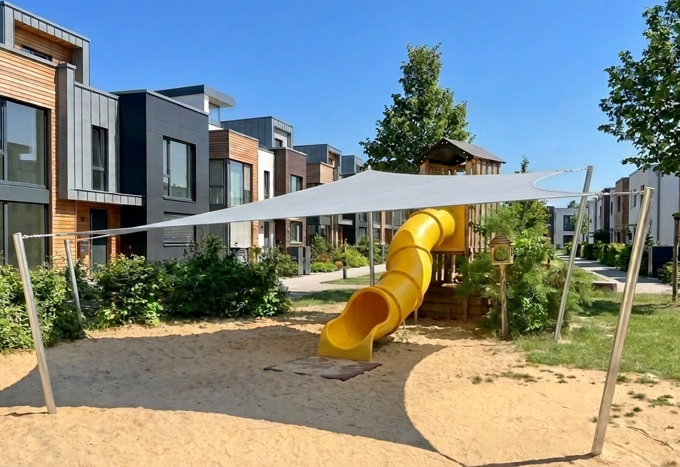 Sonnensegel für Kita-Spielplatz mit Sandkasten und Rutsche
