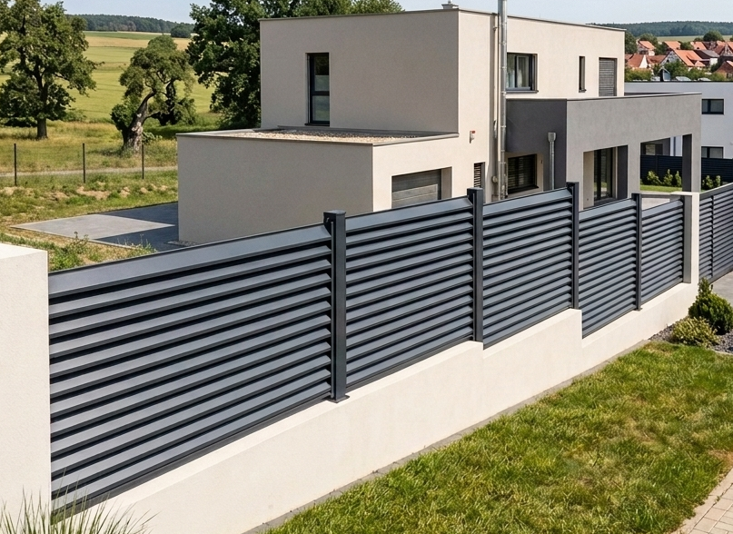 Schräglamellenzaun aus Aluminium als moderner Sichtschutz auf Grundstücksmauer