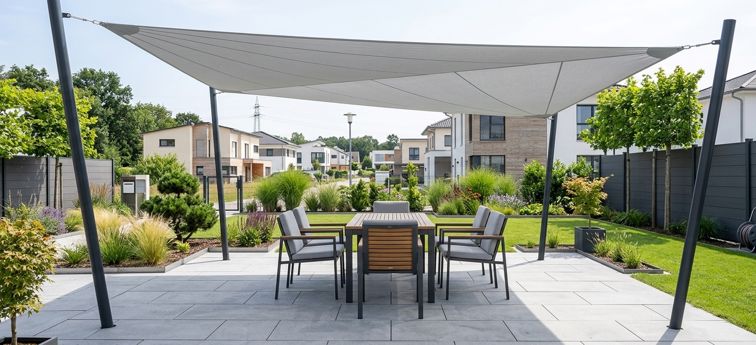 Sonnensegel als textile Beschattung über einer Terrasse