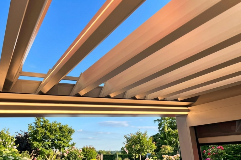 Detailansicht verstellbare Lamellen einer Pergola