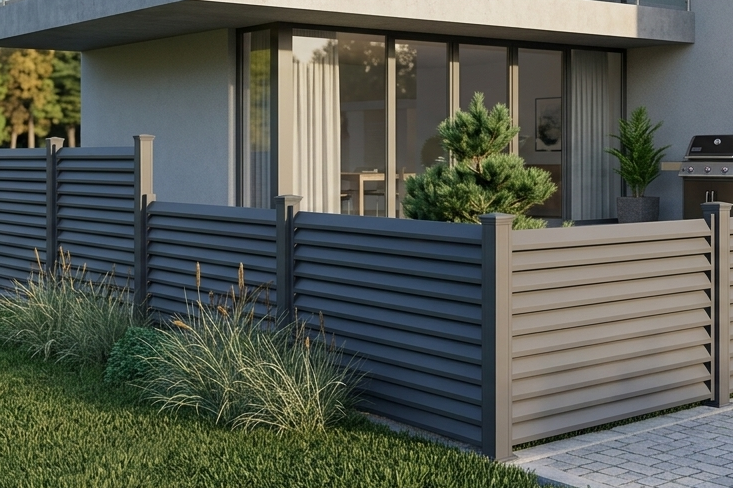 Moderner Aluminium Sichtschutzzaun mit zweifarbiger Ausführung im Garten