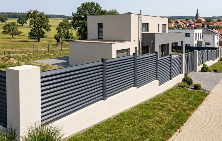 Schräglamellenzaun aus Aluminium auf Grundstücksmauer