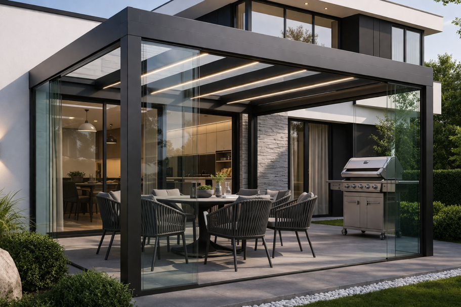 Pergola mit Glasdach als hochwertiger Wetterschutz für Terrasse