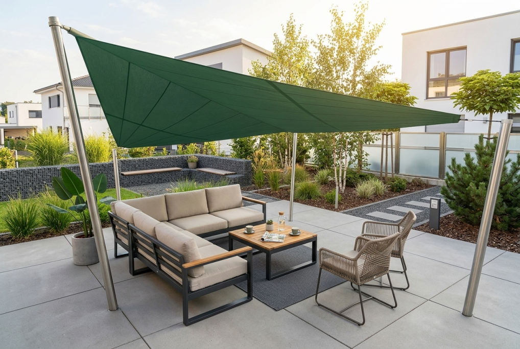 Sonnenschutz durch Sonnensegel über einer Terrasse