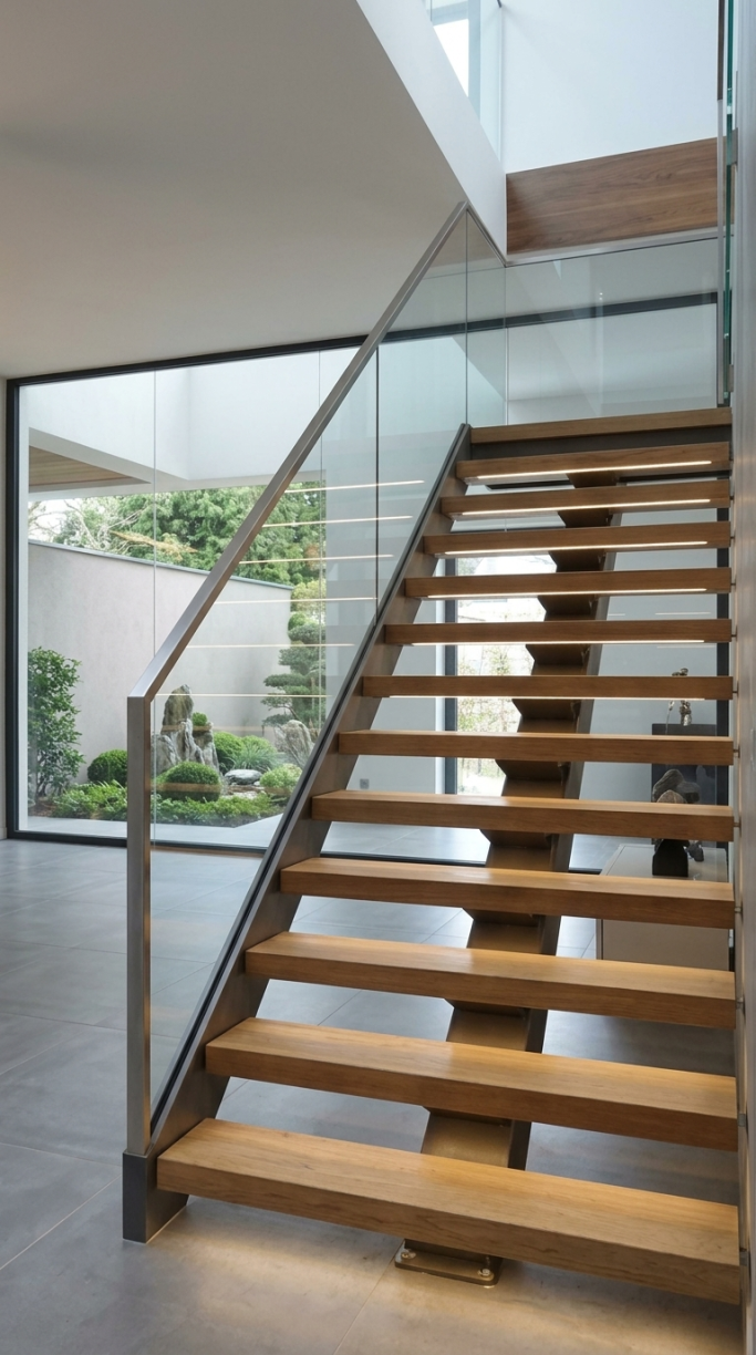 Moderne Treppe mit Glasgeländer im Innenbereich