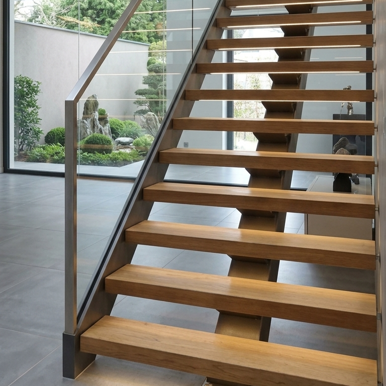 Treppe nach Maß aus Stahl Holz und Glas für modernes Wohnhaus
