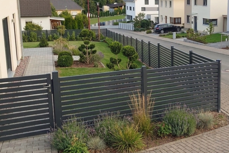 Individuell geplanter Aluminium Zaun entlang einer Grundstücksgrenze