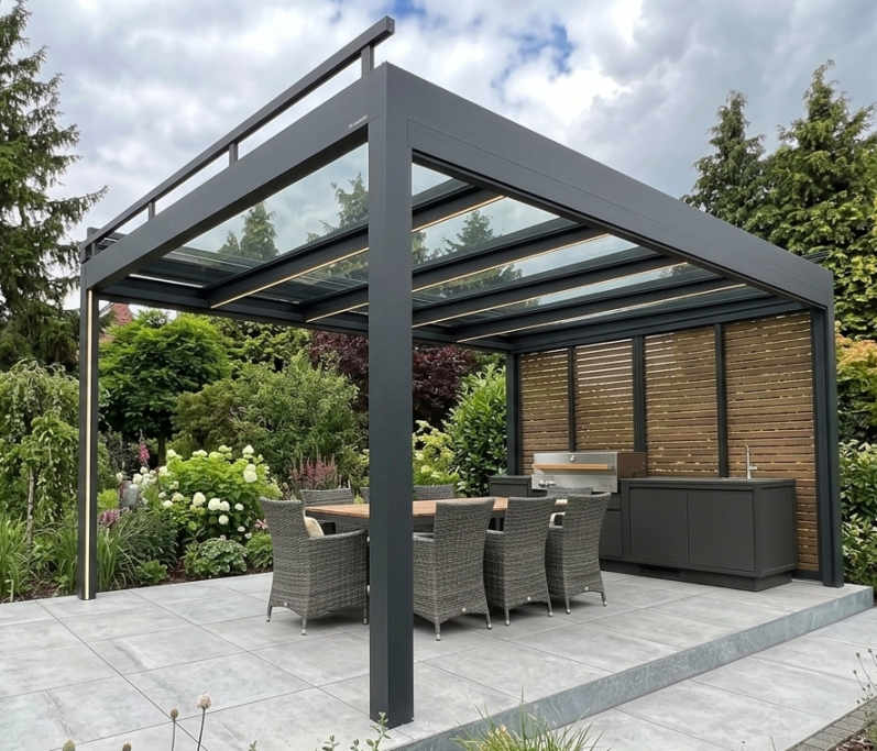 Glasdach über Terrasse mit Gartenmöbeln