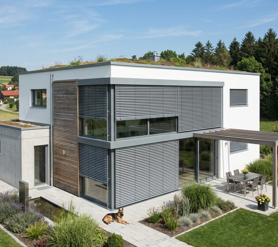 Vorbau-Raffstoren zur Nachrüstung an moderner Fassade