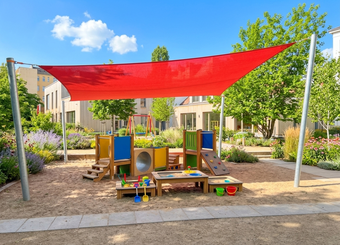 Rotes Sonnensegel über Spielgeräten und Sandkasten