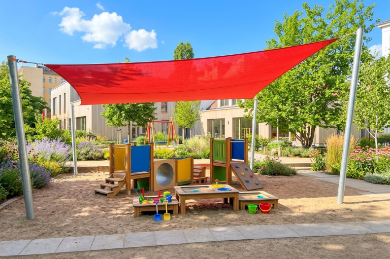 Rotes Sonnensegel als Beschattung für einen Spielplatz
