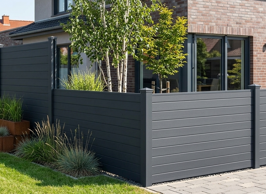Blickdichter Aluminiumzaun für Garten und Terrasse vor Einfamilienhaus