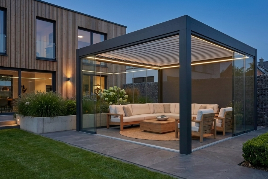 Pergola mit Lamellendach und integrierter Beleuchtung