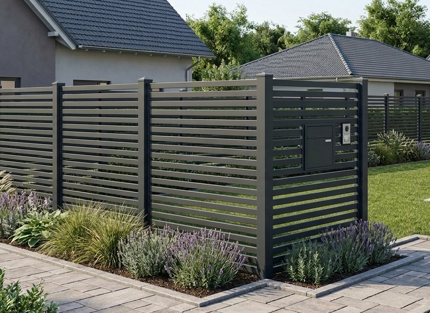 Horizontallamellenzaun aus Aluminium mit offenen Zwischenräumen und Gartentor