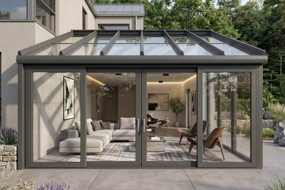 Wintergarten aus Metall und Glas als ergänzende Metallbau Lösung