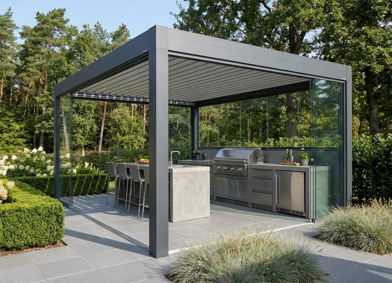 Lamellendach Pergola mit Outdoor Küche im Garten