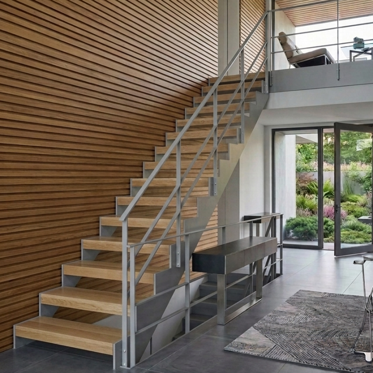 Moderne Innentreppe mit klarer Architektur und Holzstufen