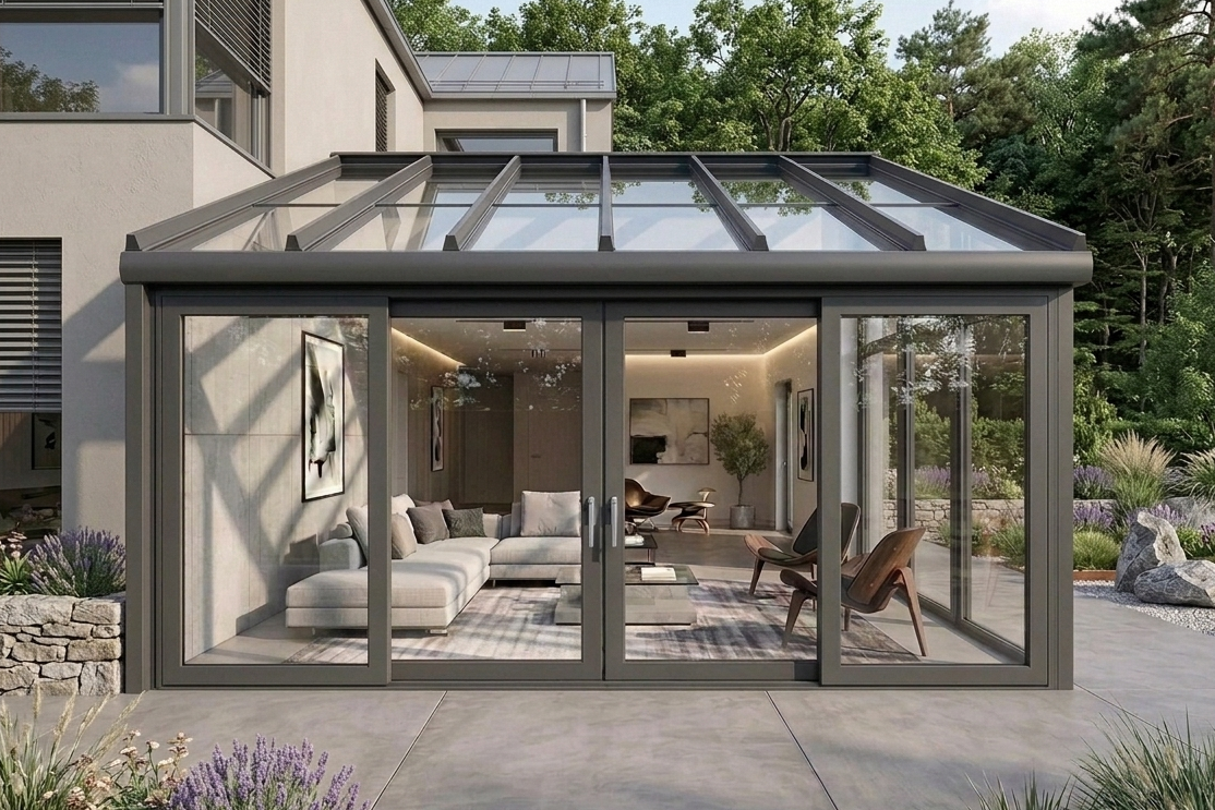 Wintergarten Neubau aus Metall und Glas für Wohnhaus