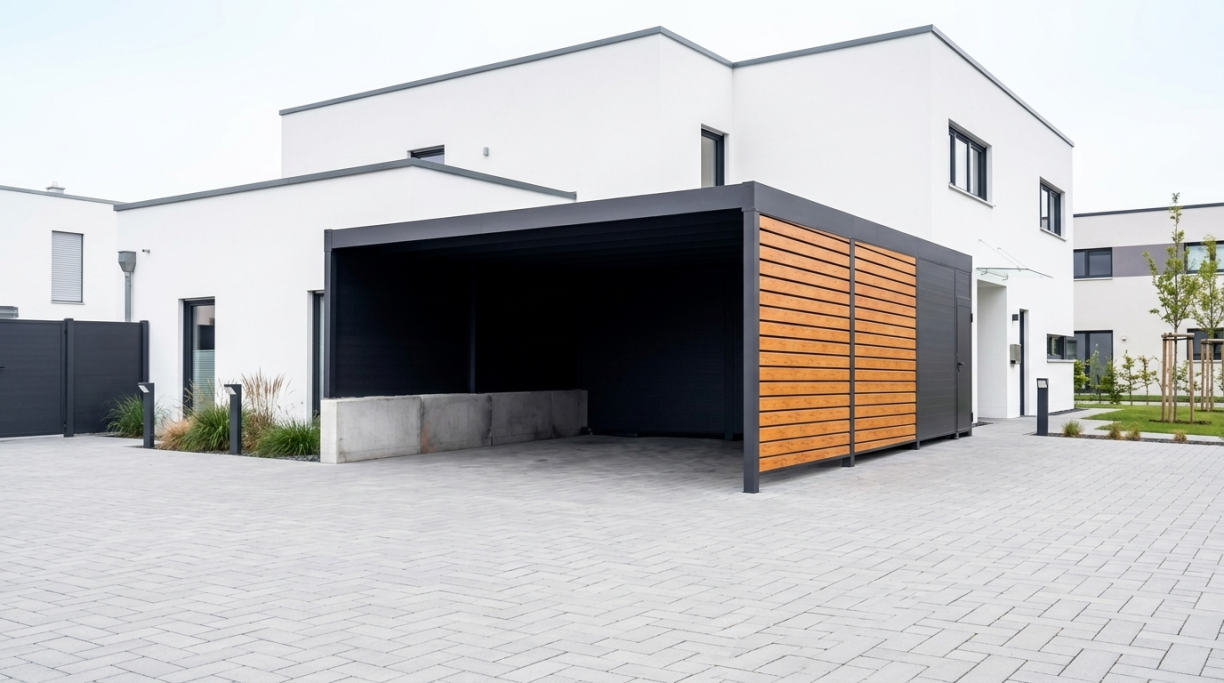 Doppelcarport mit Seitenwänden in Holzoptik