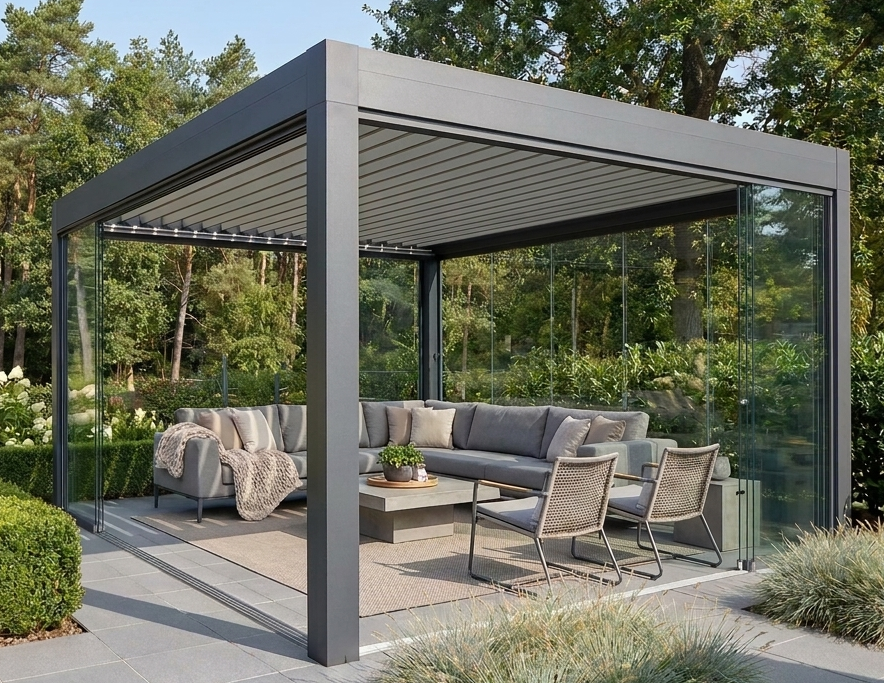 Pergola mit Lamellendach als Referenzprojekt von MERPAL