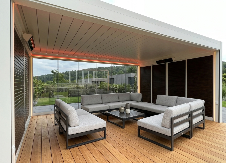 Terrassenüberdachung mit Lamellen und seitlichem Sichtschutz im Garten
