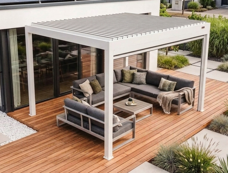 Helle Pergolux Lamellendach-Pergola mit  moderner Sitzgruppe