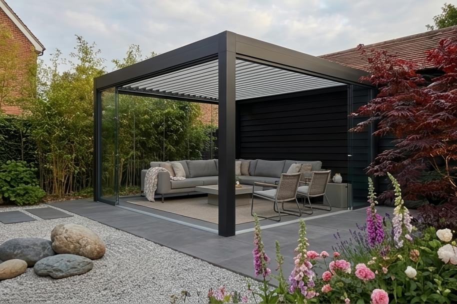 Pergola Lamellendach mit Lounge Bereich
