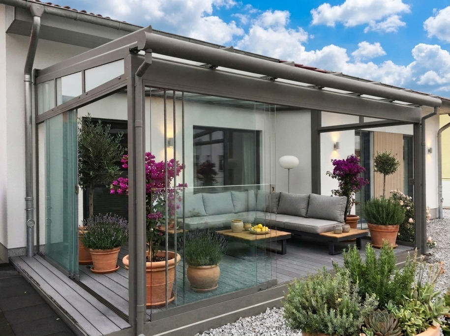 Graue Terrassenüberdachung mit Glasdach am Wohnhaus