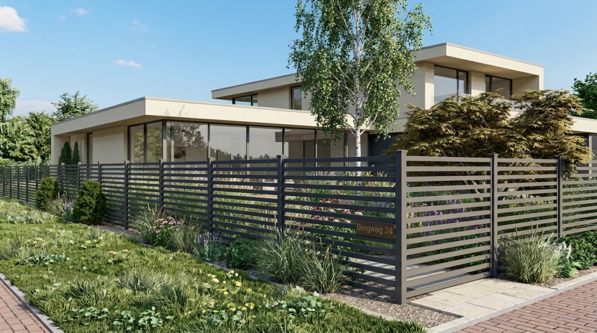Alu Lamellenzaun als Grundstücksabgrenzung mit moderner Gartengestaltung