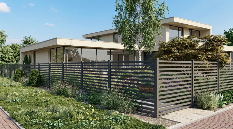 Alu Lamellenzaun als Grundstücksabgrenzung mit moderner Gartengestaltung