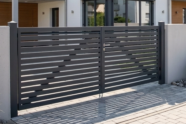 Aluminium Einfahrtstor mit waagerechten Lamellen passend zum Zaun