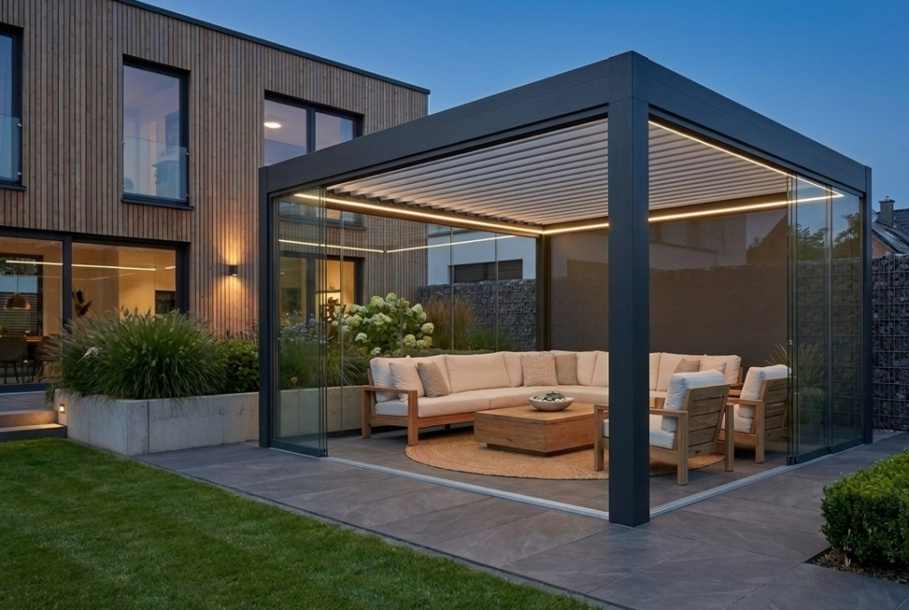 Moderne Terrassenüberdachung aus Aluminium und Glas am Wohnhaus