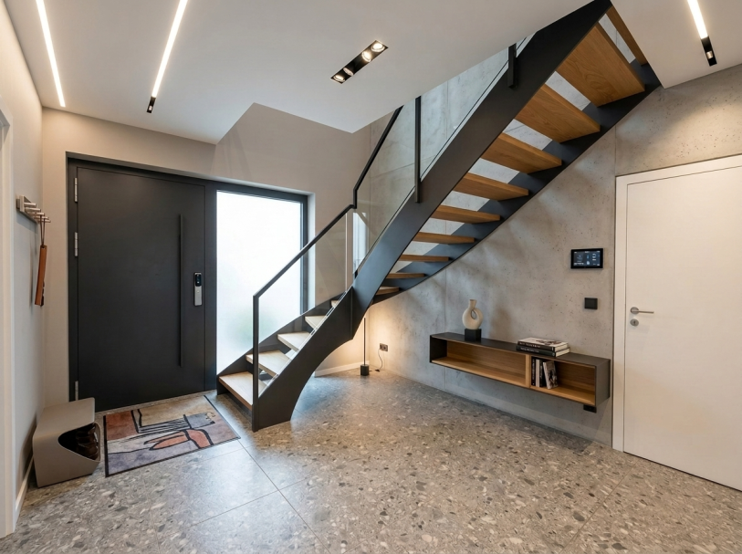 Moderne Innentreppe aus Stahl Holz und Glas