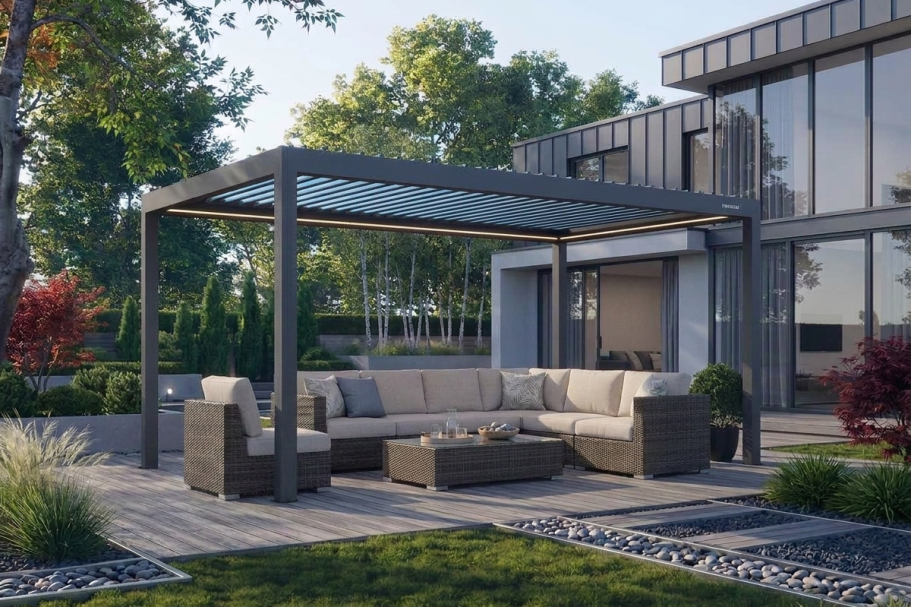 Hochwertige Pergola mit Glasdach und seitlichem Wetterschutz
