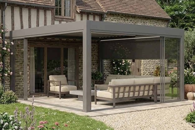 Stoffdach-Pergola mit Glas-Schiebeelementen