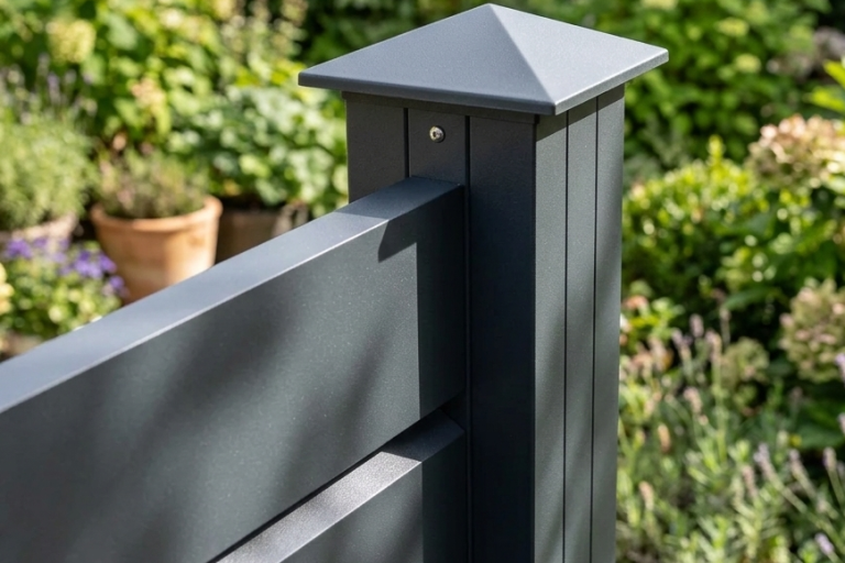 Detailaufnahme Aluminium Zaunpfosten mit pflegeleichter Oberfläche