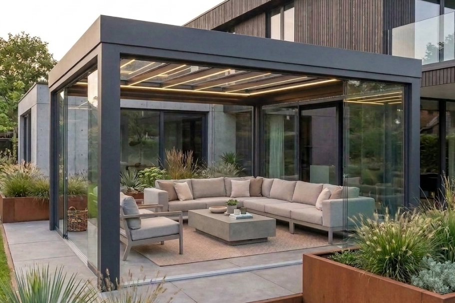 Pergola mit Glasdach als heller Wetterschutz für die Terrasse