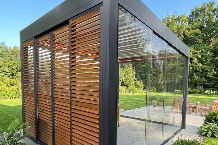 Lamellen-Schiebeläden als Sichtschutz an Pergola mit Lamellendach