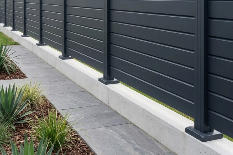 Aluminium Zaunpfosten mit Grundplatte auf Betonfundament befestigt