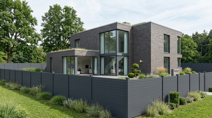 Blickdichter Aluminiumzaun vor moderner Hausfassade
