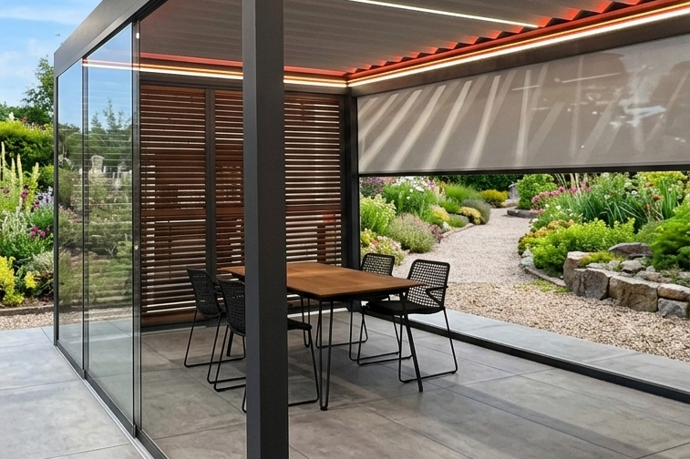 Glas-Schiebeelemente an Pergola mit Lamellendach