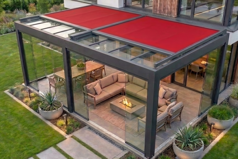 Pergola mit Glasdach und Wintergartenmarkise